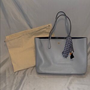 Tory Burch Light Blue Leather Tote with Patterned Scarf